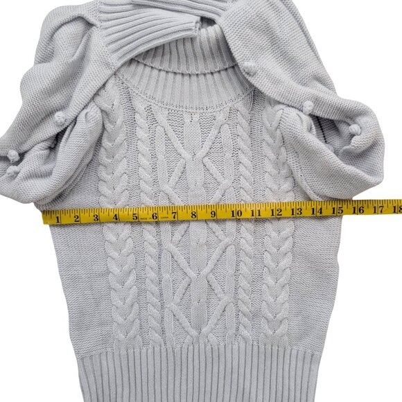 BCBGMaxAzria Puff Sleeve Pom Sweater Womens Ice Blue Turtleneck Cable Knit Sz XS - Picture 7 of 9